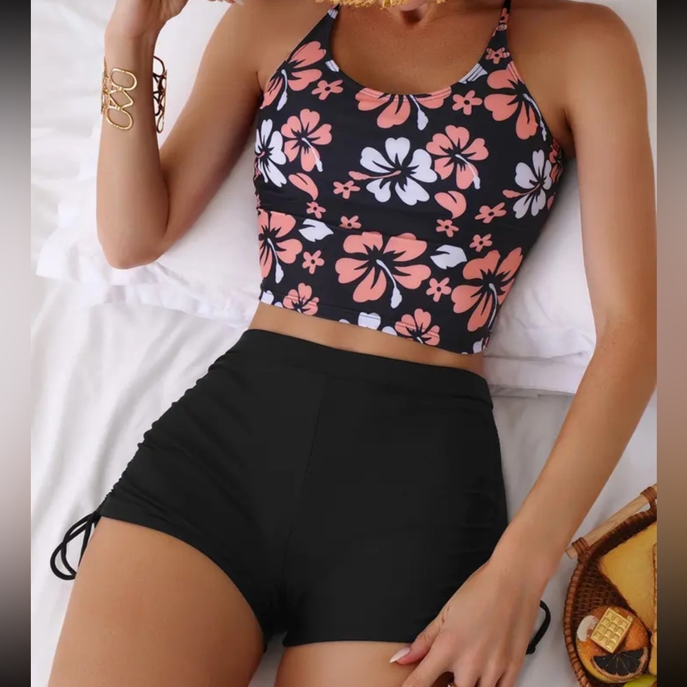 Black printed tankini